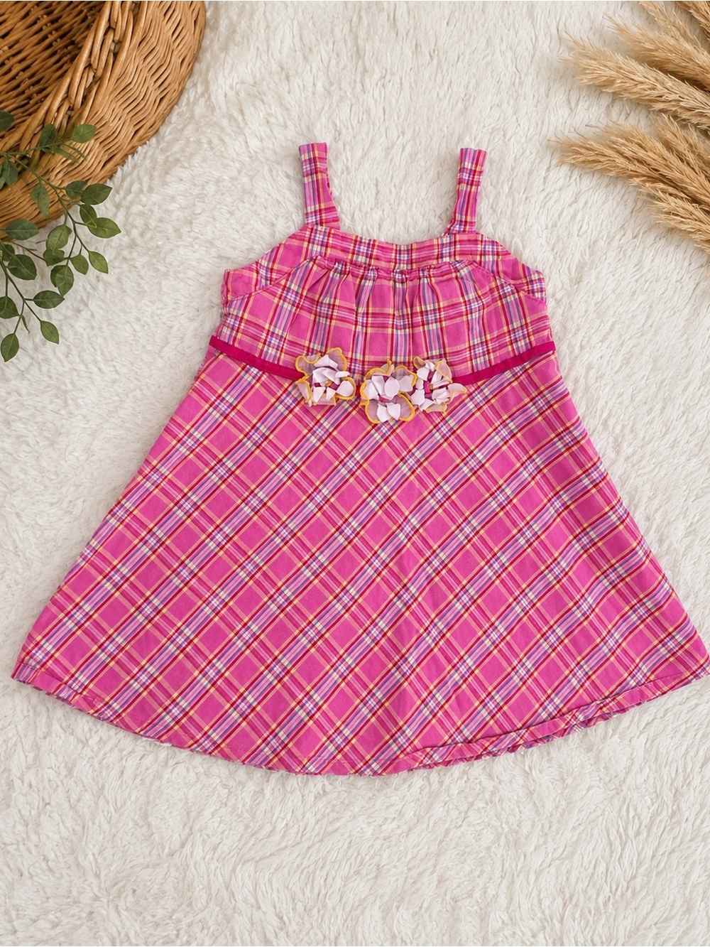 Vintage Y2K Toddler Girl Bright Pink Plaid Sundress Floral Accent 18 Months
